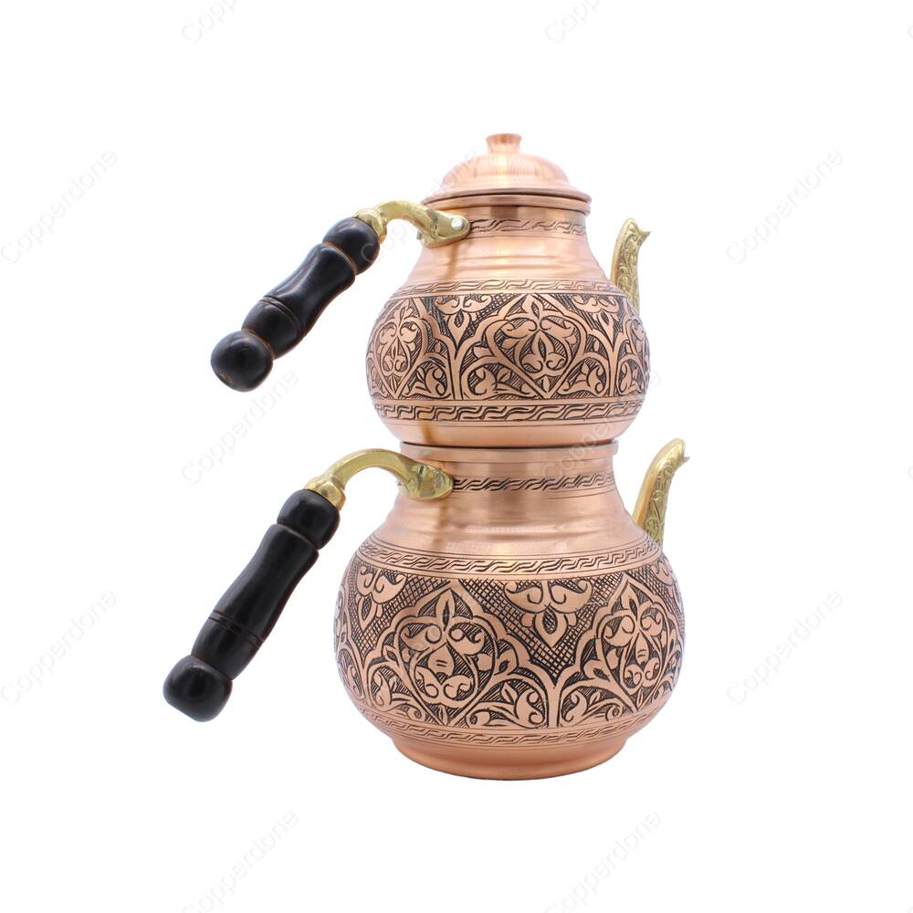 Copperdone Handmade Fine Hand Engraved Chisel Work Turkish Copper Teapot Tea Kettle Antique Copper Color MODEL 6 - 2