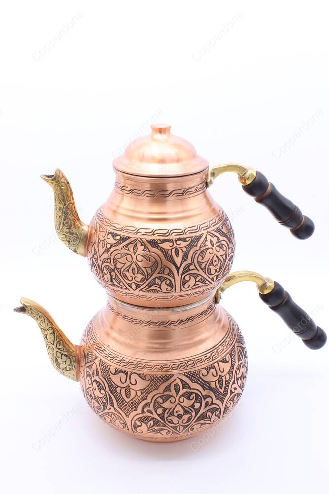 Copperdone Handmade Fine Hand Engraved Chisel Work Turkish Copper Teapot Tea Kettle Antique Copper Color MODEL 6 - 3