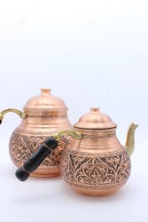 Copperdone Handmade Fine Hand Engraved Chisel Work Turkish Copper Teapot Tea Kettle Antique Copper Color MODEL 6 - 4