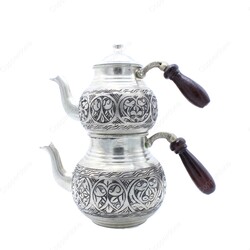 Copperdone Handmade Fine Hand Engraved Chisel Work Turkish Copper Teapot Tea Kettle Antique Silver Color MODEL 1 - 1