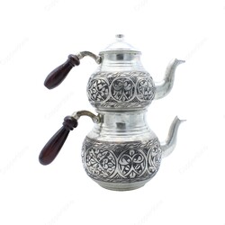 Copperdone Handmade Fine Hand Engraved Chisel Work Turkish Copper Teapot Tea Kettle Antique Silver Color MODEL 1 - 2