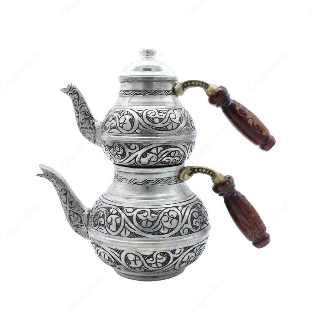 Copperdone Handmade Fine Hand Engraved Chisel Work Turkish Copper Teapot Tea Kettle Antique Silver Color MODEL 2 - 1