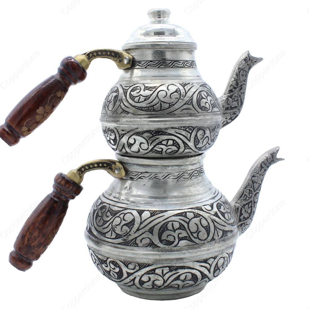 Copperdone Handmade Fine Hand Engraved Chisel Work Turkish Copper Teapot Tea Kettle Antique Silver Color MODEL 2 - 2