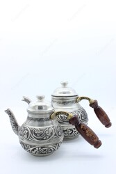 Copperdone Handmade Fine Hand Engraved Chisel Work Turkish Copper Teapot Tea Kettle Antique Silver Color MODEL 2 - 3