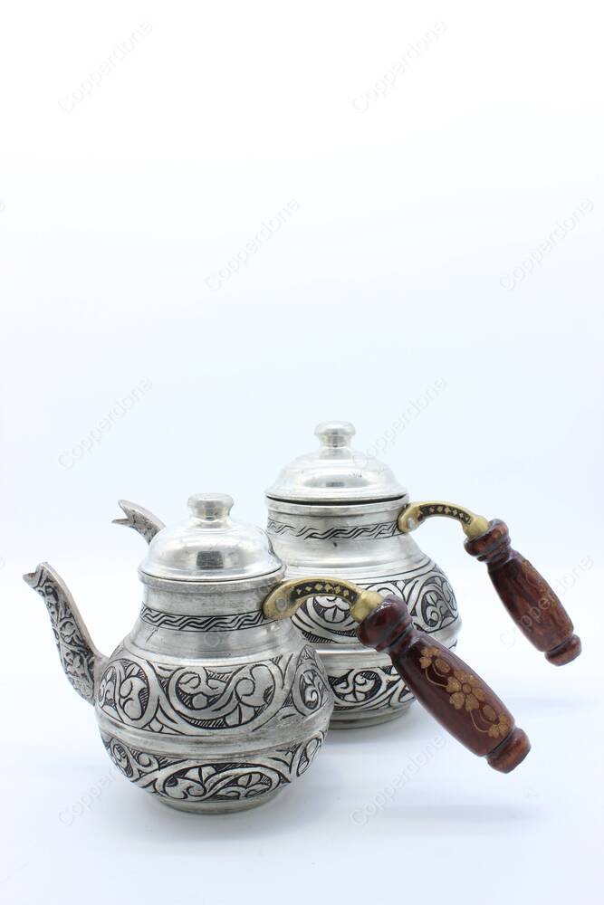 Copperdone Handmade Fine Hand Engraved Chisel Work Turkish Copper Teapot Tea Kettle Antique Silver Color MODEL 2 - 3