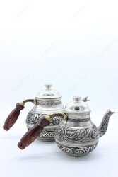 Copperdone Handmade Fine Hand Engraved Chisel Work Turkish Copper Teapot Tea Kettle Antique Silver Color MODEL 2 - 4