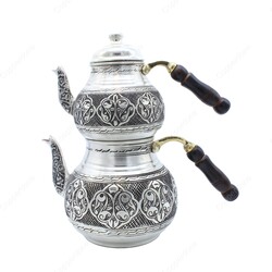 Copperdone Handmade Fine Hand Engraved Chisel Work Turkish Copper Teapot Tea Kettle Antique Silver Color MODEL 3 - 1