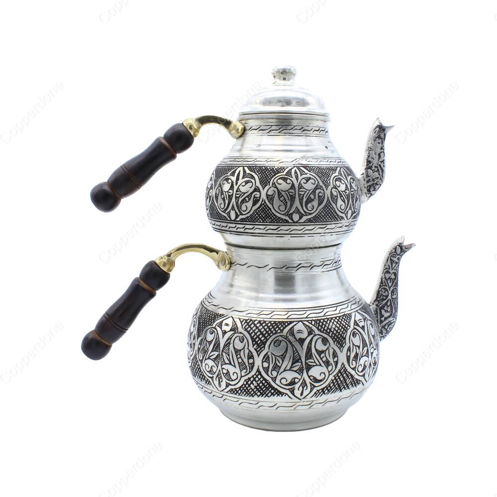 Copperdone Handmade Fine Hand Engraved Chisel Work Turkish Copper Teapot Tea Kettle Antique Silver Color MODEL 3 - 2