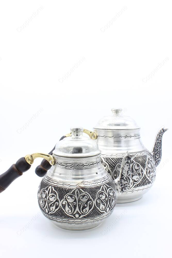 Copperdone Handmade Fine Hand Engraved Chisel Work Turkish Copper Teapot Tea Kettle Antique Silver Color MODEL 3 - 3