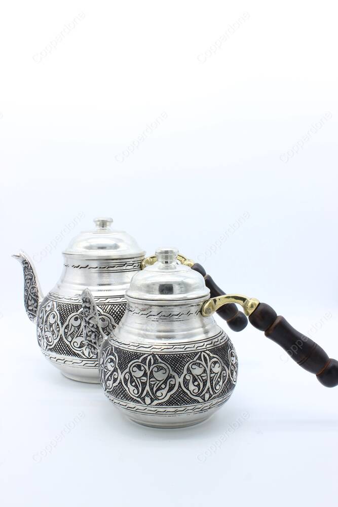 Copperdone Handmade Fine Hand Engraved Chisel Work Turkish Copper Teapot Tea Kettle Antique Silver Color MODEL 3 - 4