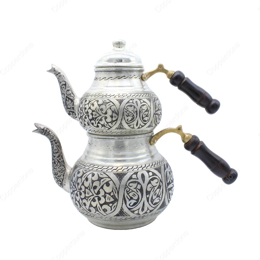 Copperdone Handmade Fine Hand Engraved Chisel Work Turkish Copper Teapot Tea Kettle Antique Silver Color MODEL 4 - 1