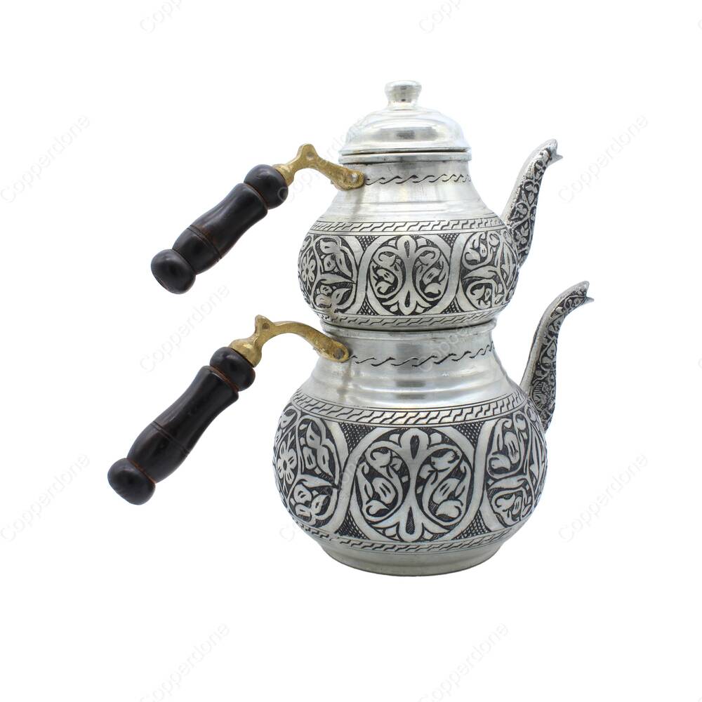 Copperdone Handmade Fine Hand Engraved Chisel Work Turkish Copper Teapot Tea Kettle Antique Silver Color MODEL 4 - 2