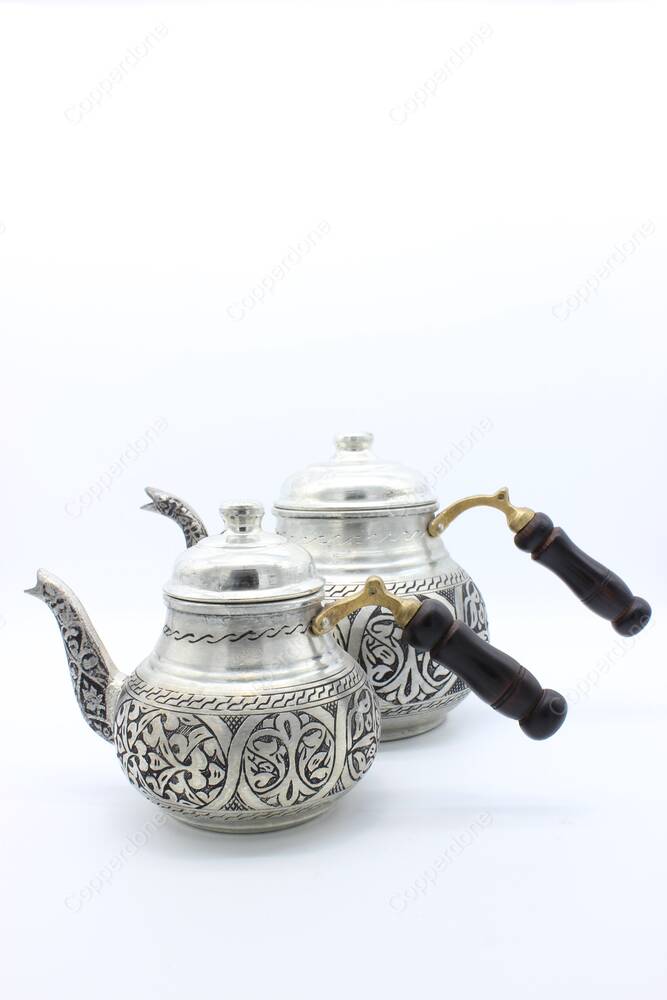 Copperdone Handmade Fine Hand Engraved Chisel Work Turkish Copper Teapot Tea Kettle Antique Silver Color MODEL 4 - 3