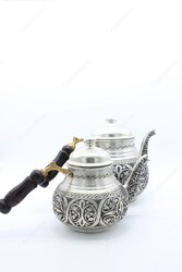 Copperdone Handmade Fine Hand Engraved Chisel Work Turkish Copper Teapot Tea Kettle Antique Silver Color MODEL 4 - 4