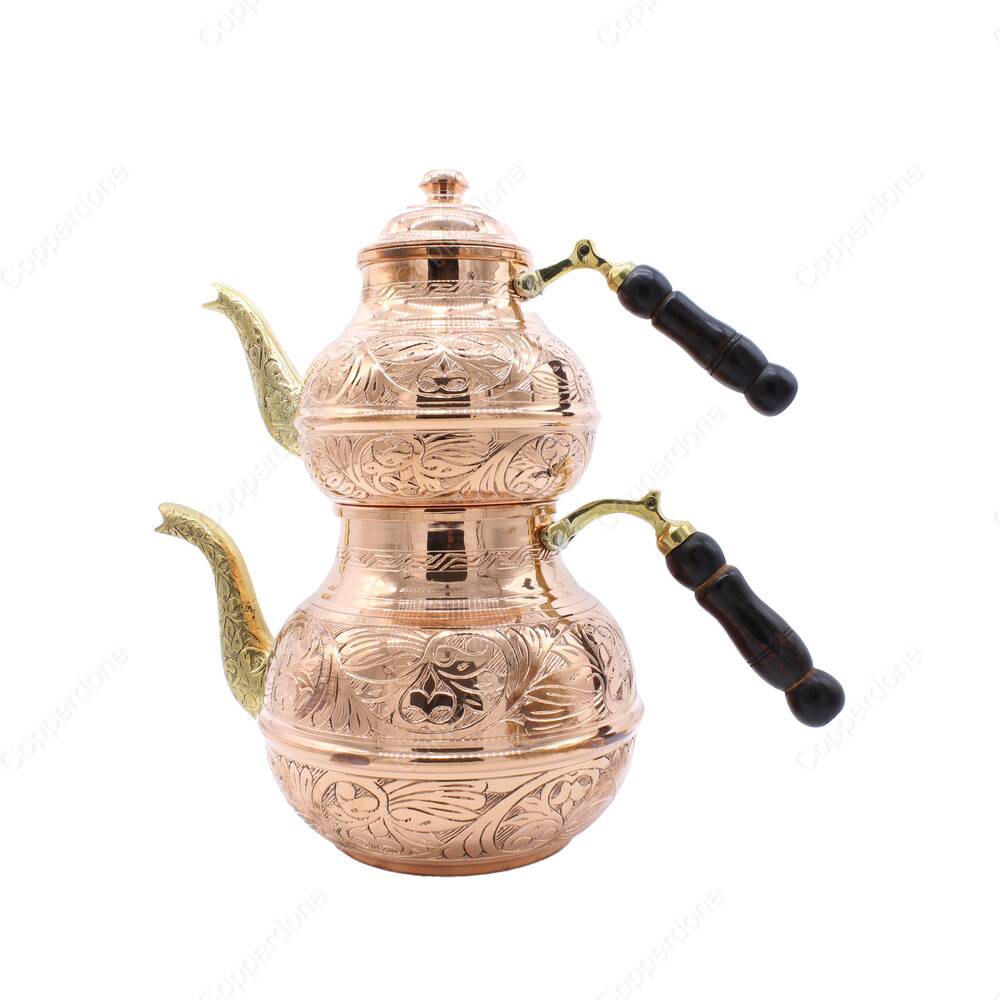 Copperdone Handmade Fine Hand Engraved Chisel Work Turkish Copper Teapot Tea Kettle Shiny Copper Color - 1