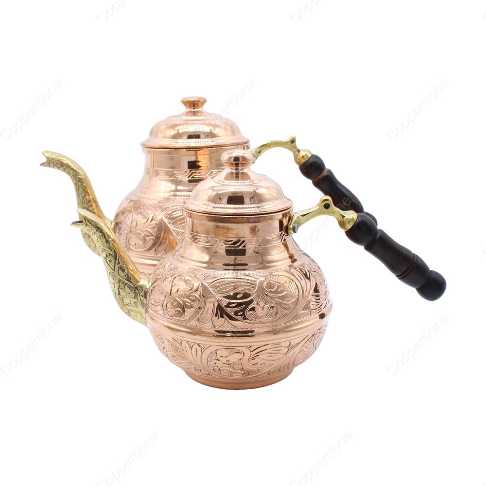 Copperdone Handmade Fine Hand Engraved Chisel Work Turkish Copper Teapot Tea Kettle Shiny Copper Color - 2