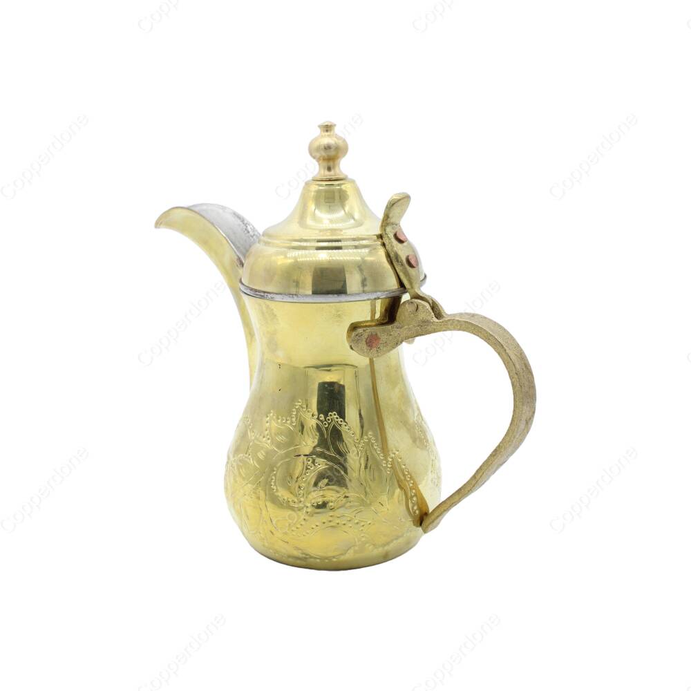 Copperdone Handmade Floral Motif Hand Engraved Dallah Turkish Arabic Mırra Coffee Pot With Brass Handle Gold Color - 2