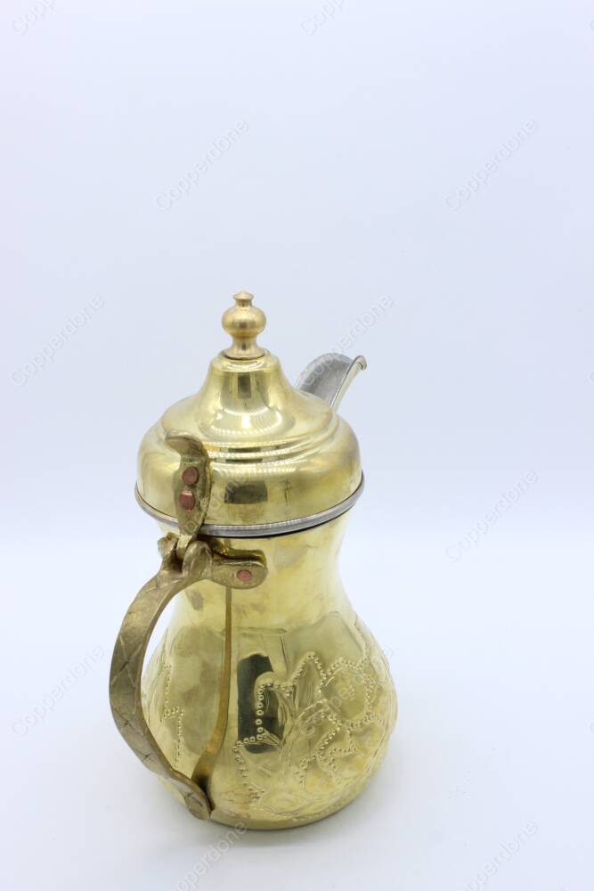 Copperdone Handmade Floral Motif Hand Engraved Dallah Turkish Arabic Mırra Coffee Pot With Brass Handle Gold Color - 3