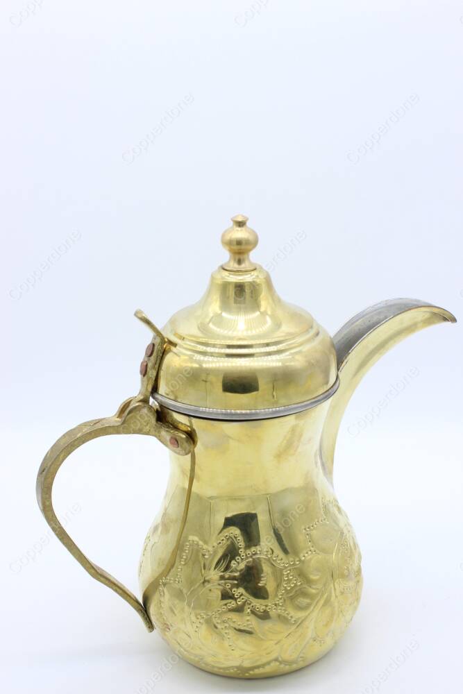 Copperdone Handmade Floral Motif Hand Engraved Dallah Turkish Arabic Mırra Coffee Pot With Brass Handle Gold Color - 5