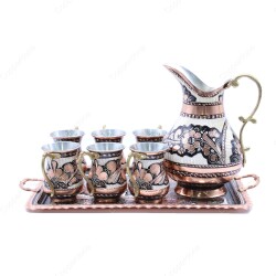 Copperdone Handmade Hand Crafted Copper Ayran Water Drinkware Serving Set With Rectangular Tray For 6 People Black Color - 1