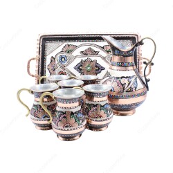 Copperdone Handmade Hand Crafted Copper Ayran Water Drinkware Serving Set With Rectangular Tray For 6 People Black Color - 2