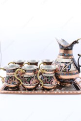 Copperdone Handmade Hand Crafted Copper Ayran Water Drinkware Serving Set With Rectangular Tray For 6 People Black Color - 3