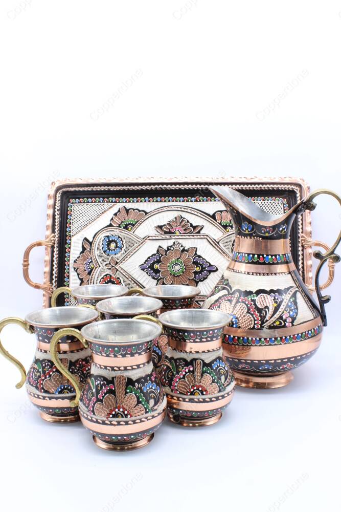 Copperdone Handmade Hand Crafted Copper Ayran Water Drinkware Serving Set With Rectangular Tray For 6 People Black Color - 4