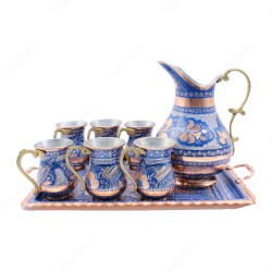 Copperdone Handmade Hand Crafted Copper Ayran Water Drinkware Serving Set With Rectangular Tray For 6 People Blue Color - 1