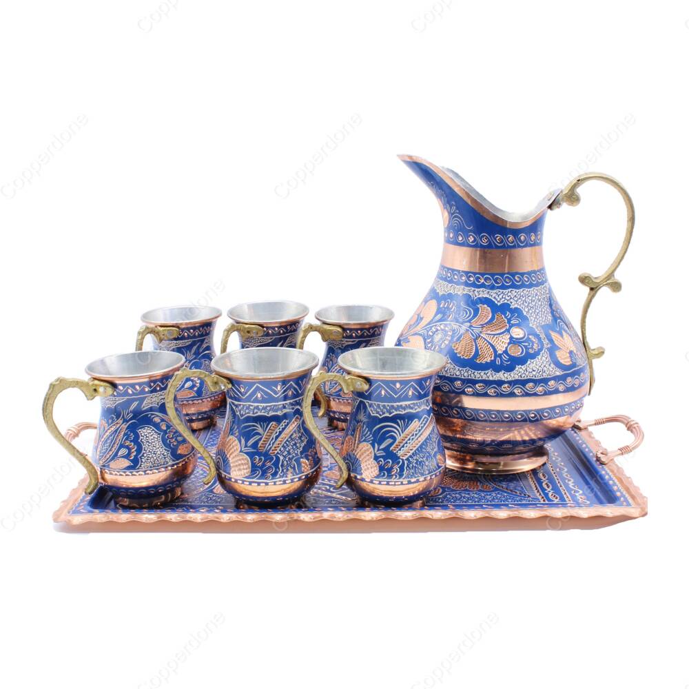 Copperdone Handmade Hand Crafted Copper Ayran Water Drinkware Serving Set With Rectangular Tray For 6 People Blue Color - 1