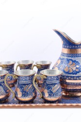 Copperdone Handmade Hand Crafted Copper Ayran Water Drinkware Serving Set With Rectangular Tray For 6 People Blue Color - 3