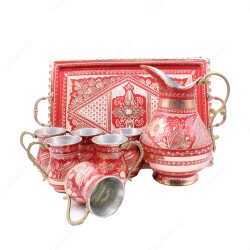 Copperdone Handmade Hand Crafted Copper Ayran Water Drinkware Serving Set With Rectangular Tray For 6 People Red Color - 1