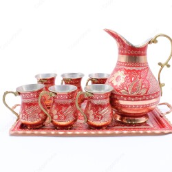 Copperdone Handmade Hand Crafted Copper Ayran Water Drinkware Serving Set With Rectangular Tray For 6 People Red Color - 2