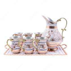 Copperdone Handmade Hand Crafted Copper Ayran Water Drinkware Serving Set With Rectangular Tray For 6 People White Color - 1