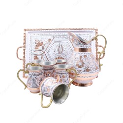 Copperdone Handmade Hand Crafted Copper Ayran Water Drinkware Serving Set With Rectangular Tray For 6 People White Color - 2