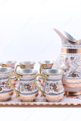 Copperdone Handmade Hand Crafted Copper Ayran Water Drinkware Serving Set With Rectangular Tray For 6 People White Color - 3