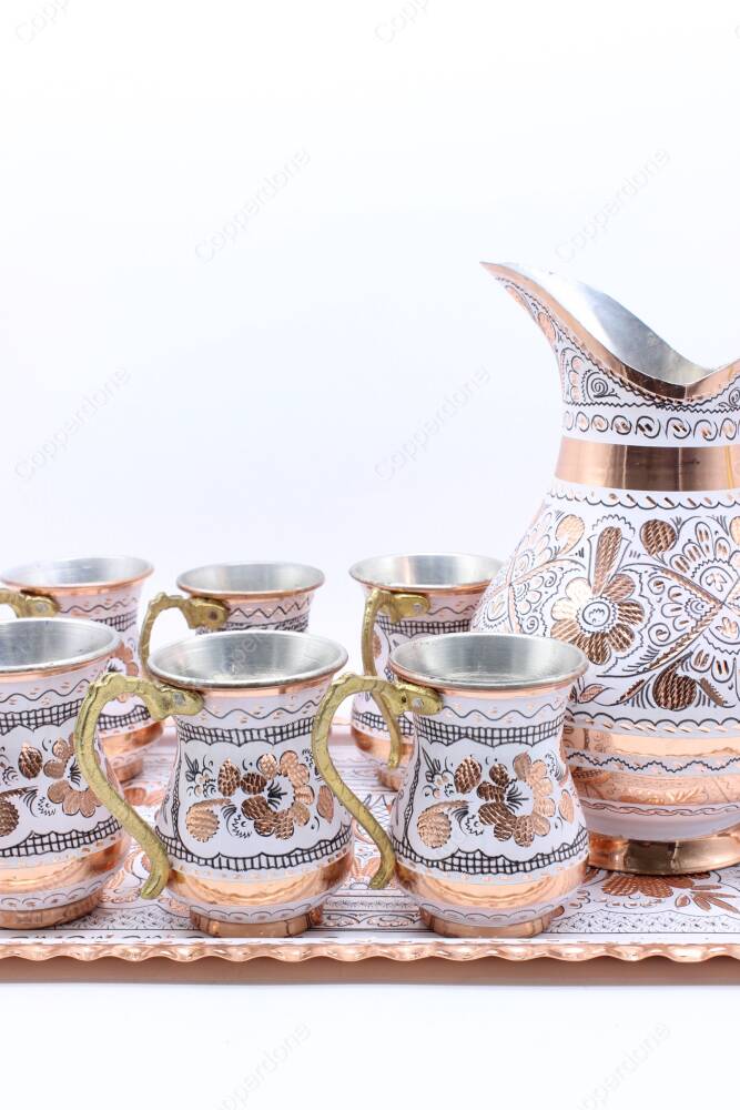 Copperdone Handmade Hand Crafted Copper Ayran Water Drinkware Serving Set With Rectangular Tray For 6 People White Color - 3