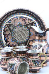 Copperdone Handmade Hand Crafted Copper Ayran Water Drinkware Serving Set With Round Tray For 6 People Black Color - 3