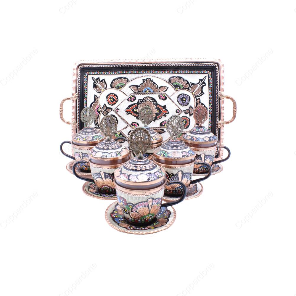 Copperdone Handmade Hand Crafted Copper Turkish Greek Coffee Tea Serving Set for 6 People Black Enameled Color - 2