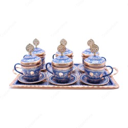 Copperdone Handmade Hand Crafted Copper Turkish Greek Coffee Tea Serving Set for 6 People Blue Color - 2