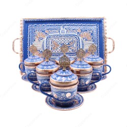 Copperdone Handmade Hand Crafted Copper Turkish Greek Coffee Tea Serving Set for 6 People Blue Color - 1