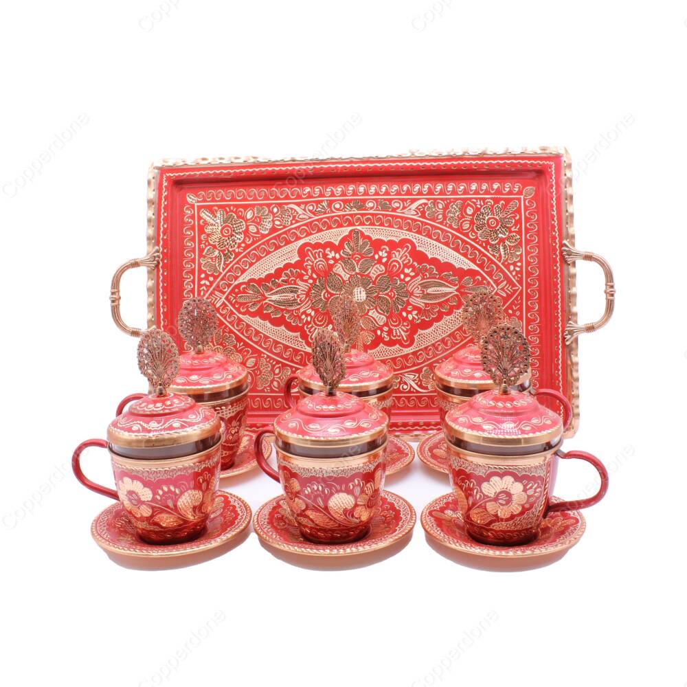 Copperdone Handmade Hand Crafted Copper Turkish Greek Coffee Tea Serving Set for 6 People Red Color - 2