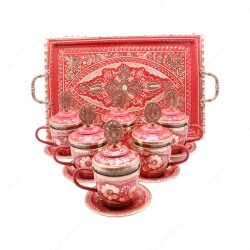 Copperdone Handmade Hand Crafted Copper Turkish Greek Coffee Tea Serving Set for 6 People Red Color - 1