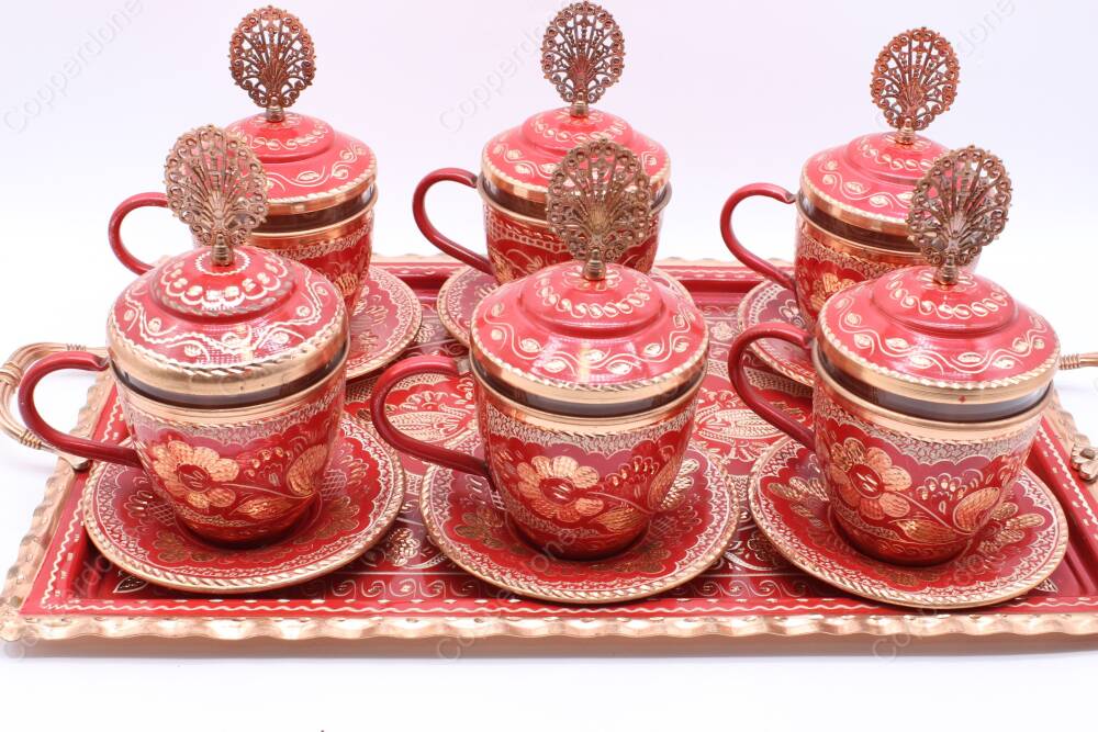 Copperdone Handmade Hand Crafted Copper Turkish Greek Coffee Tea Serving Set for 6 People Red Color - 4