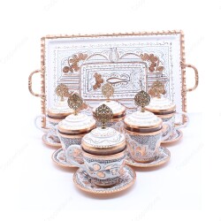 Copperdone Handmade Hand Crafted Copper Turkish Greek Coffee Tea Serving Set for 6 People White Color - 1