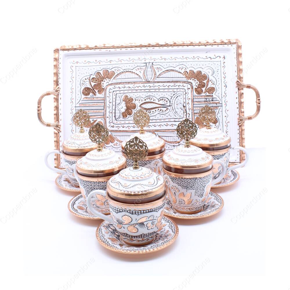 Copperdone Handmade Hand Crafted Copper Turkish Greek Coffee Tea Serving Set for 6 People White Color - 1