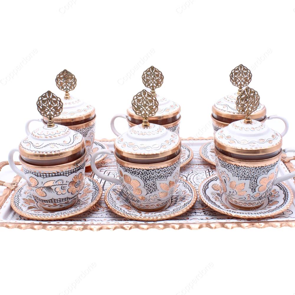 Copperdone Handmade Hand Crafted Copper Turkish Greek Coffee Tea Serving Set for 6 People White Color - 2