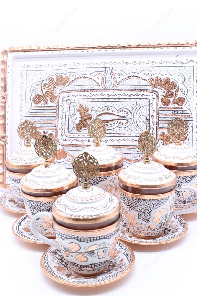 Copperdone Handmade Hand Crafted Copper Turkish Greek Coffee Tea Serving Set for 6 People White Color - 4