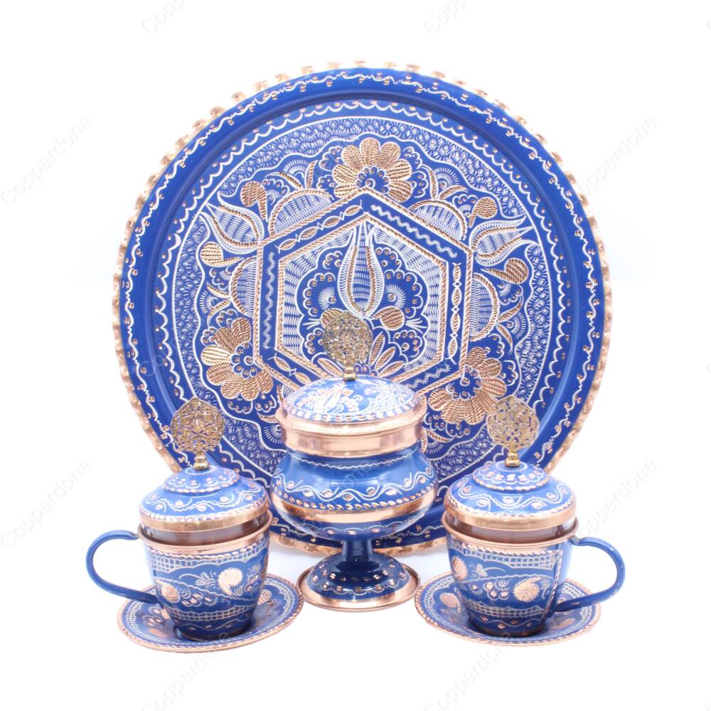 Copperdone Handmade Hand Crafted Copper Turkish Greek Coffee Tea Serving Set With Round Tray for 2 People Blue Color - 1