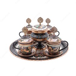 Copperdone Handmade Hand Crafted Copper Turkish Greek Coffee Tea Serving Set With Round Tray for 4 People Black Enameled Color - 1