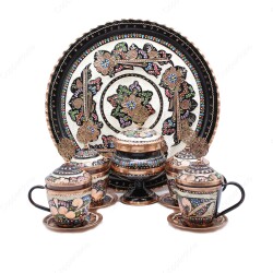 Copperdone Handmade Hand Crafted Copper Turkish Greek Coffee Tea Serving Set With Round Tray for 4 People Black Enameled Color - 2